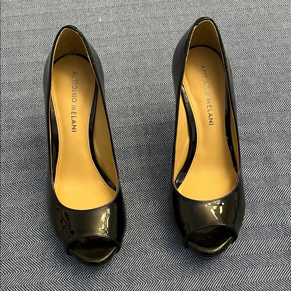 ANTONIO MELANI Glossy Black Peep Toe Heels